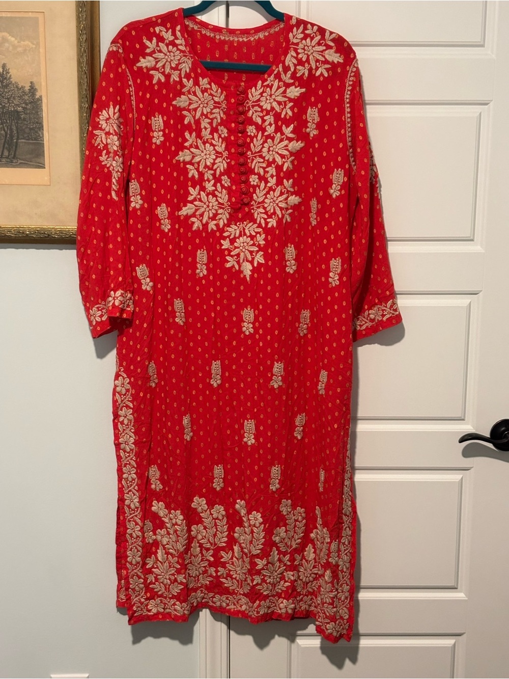 Johnny Was Type Red Tunic Top with Cream Floral Embroidery - Picture 7 of 11